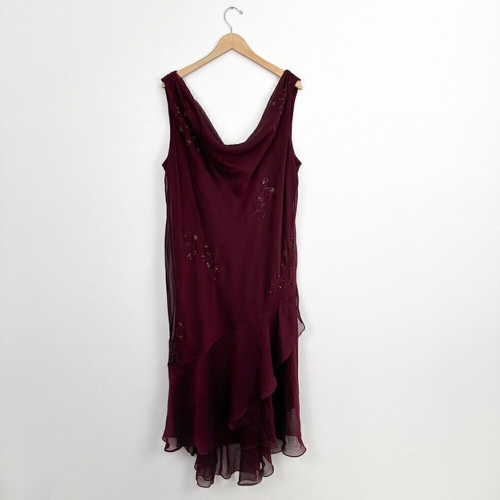 Alex Evenings Women’s Plus Size Burgundy Maroon Drape Beaded High Low Hem Dress